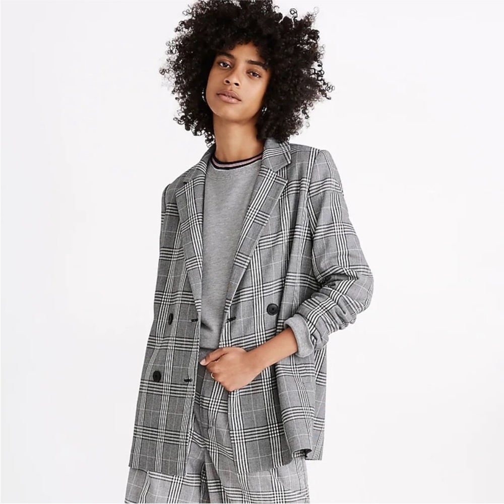 Madewell Caldwell Oversized Plaid Double Breasted Blazer Gray Black size Small